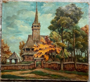 ::IGLESIA DE SIETE BALANZAS RUMANIA FIRMADA ALREDEDOR DE 1920 OTOÑO ILEGIBLE IGLESIA DE MADERA - Imagen 1 de 10