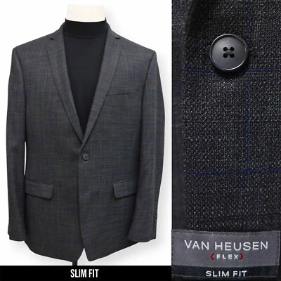 VAN HEUSEN mens gray blue WINDOWPANE slim fit sport coat suit jacket blazer 44 R - Image 1 of 4