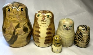 Vintage - 5pc Wood - Painted Nesting Dolls - Cats - Outer Piece has Paint Loss - Picture 1 of 12