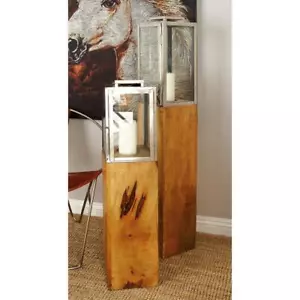 Litton Lane Candle Lantern 9"x9"x48" Brown Mango Wood Handmade Decorative Indoor - Picture 1 of 7