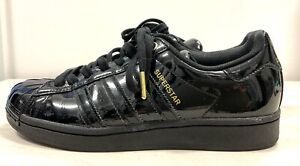 Adidas Superstar Womens Shiny Black Patent Steel Shell Toe Gold Accents Rare 8