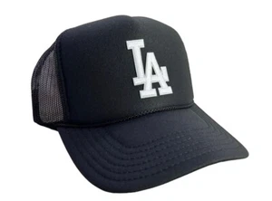 NEW LOS ANGELES LA BLACK CAP HAT 5 PANEL HIGH CROWN TRUCKER SNAPBACK VINTAGE - Picture 1 of 2