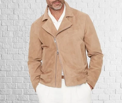 Go Bold Style: Men’s Tan Suede Leather Collared Jacket with Strong Vibe - Image 1 of 3