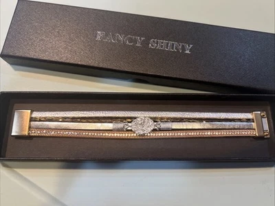 FANCY SHINY Ladies Women’s Leather Faux Boho Cuff Crystals Bracelet Silver New - Image 1 of 4