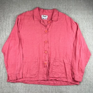 FLAX 100% Linen Button Front Coral Pink Shirt Top Women's Large Front Pockets - Picture 1 of 7