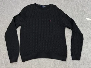 Ralph Lauren Sport Sweater Womens XL Black Cable Knit Fisherman Pullover y2k - Picture 1 of 7