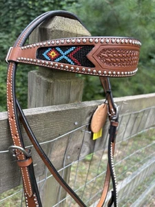 Horse Size Basketweave Tooled Beaded Leather Western Browband Style Headstall - Picture 1 of 7