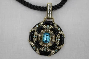 Heidi Daus Necklace Statement Pendant Topaz Crystal Black Enamel Gold Tone Rope - Picture 1 of 10