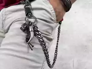 Portafoglio Moto Punk Rock Biker Uomo Metallo Argento Catena Western Corno e Teschio - Foto 1 di 16