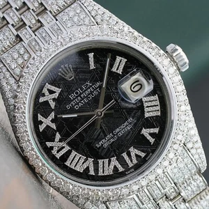 Rolex Mens Datejust 36mm Iced Out Fully Load Genuine Diamonds Black Dial Watch - Picture 1 of 11