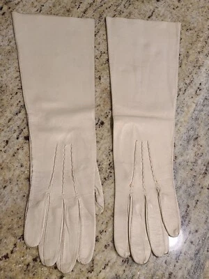 Luvas formais de costura vintage tamanho M 6,5 bege couro macio 14" longas acento - Imagem 1 de 4