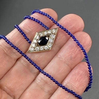 18K Yellow Gold Diamond Blue Sapphire Vintage Pendant on Lapis Strand Necklace - Image 1 of 4