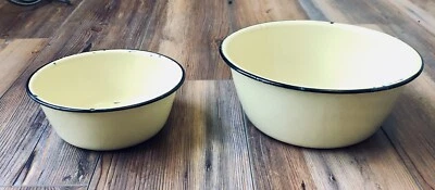 2 Pale Yellow Enamelware Graniteware  Bowls Black Rim - Image 1 of 4