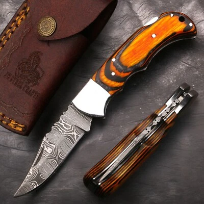 Personalized Damascus Folding Pocket Knife – EDC Blade, Leather Sheath - Image 1 of 4
