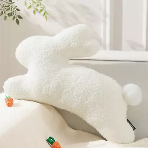 Happy Easter Bunny Shaped Throw Pillow, Plush Boucle Jumping Rabbit Cushion Sher - Picture 1 of 6