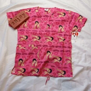 Betty Boop Nurses Uniform Scrub Top Valentines Lips Pockets V Neck Womens Medium - Picture 1 of 6