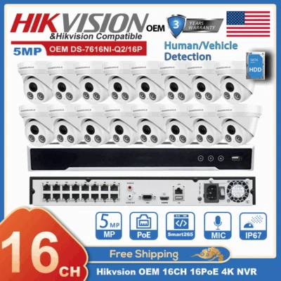 Hikvision OEM 16CH 5MP Security CCTV System Kit IP Camera 16POE NVR Outdoor Lot