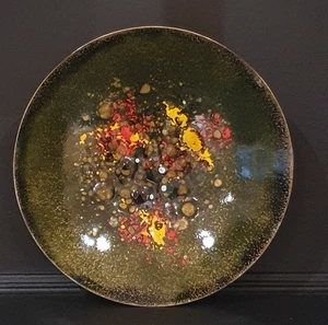 MCM Vintage Metal Enamel Footed Dish Bowl Germany Brass Retro Boho Vibe Splatter - Picture 1 of 10