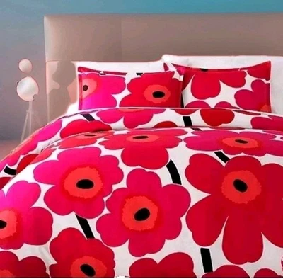 Marimekko Unikko Comforter Floral Red and White Queen Set Percale Cotton BN $300 - Image 1 of 4