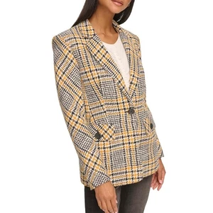 Karl Lagerfeld Paris Black Yellow Gingham Tweed Notch Lapel Blazer Women's 2 NWT - Picture 1 of 8