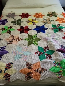 Vintage Crochet Afghan Blanket Bedding Multi Color Star Knit 112”x40” Heavy Sofa - Picture 1 of 5