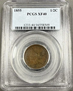 Medio centavo cabello trenzado 1855 1/2 c - graduación profesional XF40 - Imagen 1 de 2