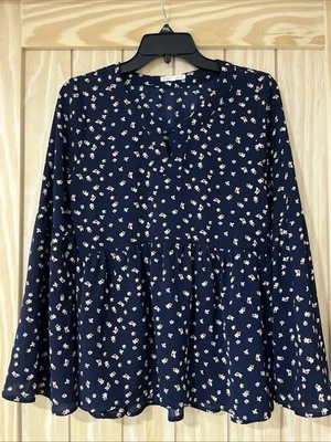 Women’s Blouse Top Size Small Bell Sleeves Blue Floral COPPER KEY Pleated - Image 1 of 4