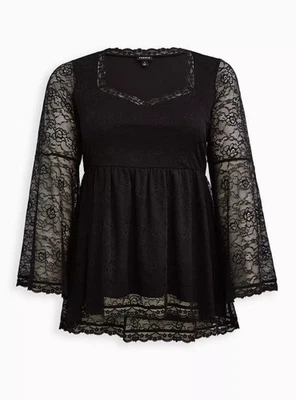 Babydoll Torrid Talla 3 Negro Manga Campana Top Encaje Lencería Elastizada Caprichosa Gótica Foto 1 de 4