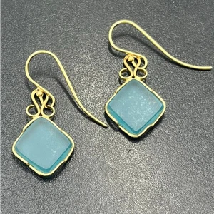 14K Yellow Gold Aqua Blue Sea Glass Dangle Earrings Beach Glass Scrollwork - Picture 1 of 9