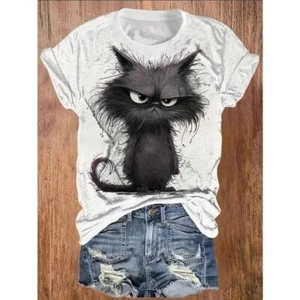 Plus Size Women's Cute Cat Print T-shirt Short Sleeved Casual Top - Picture 1 of 5