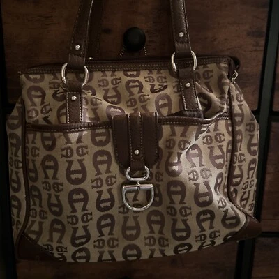 Vintage Etienne AIGNER Leather Canvas Shoulder Handbag Brown/Tan Purse - Image 1 of 4