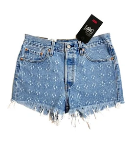 Levi's 501 High Rise Denim Jean Shorts Button Fly Fringe Dottie Blues Sz 28 NWT - Picture 1 of 9