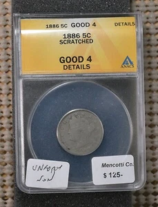 1886 Liberty V Nickel Key Date ANACS G 4 Details Scratched Good Free Shipping - Picture 1 of 2