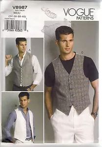 Vogue Sewing Patterns 8987, Men's Vests in 3 Styles, Size 40 - 46, Uncut - Picture 1 of 2