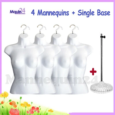 4 FEMALE TORSO MANNEQUINS + 4 HANGERS +1 STAND: WHITE FEMALE DRESS FORM DISPLAY - Image 1 of 4