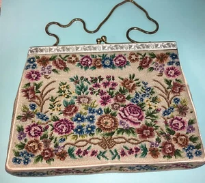 Vintage Petit Point Floral Needle Point Purse Lt Beige Satin Lining Gold Frame - Picture 1 of 12