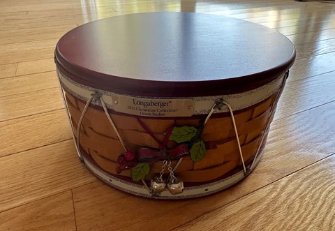 Longaberger 2012 LARGE drum basket; tie~on, liner, protector, product cards, lid Cover