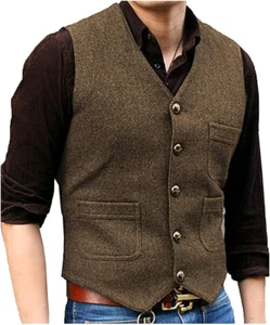 Gilet Da Abito Da Uomo Elegante Tweed Panciotto Casual Smanicato Scollo a V per - Foto 1 di 12
