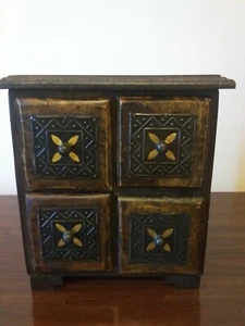 Handmade Wooden 4 Square Drawer Jewelry Trinket Box Decorative Metal Rustic - Picture 1 of 11