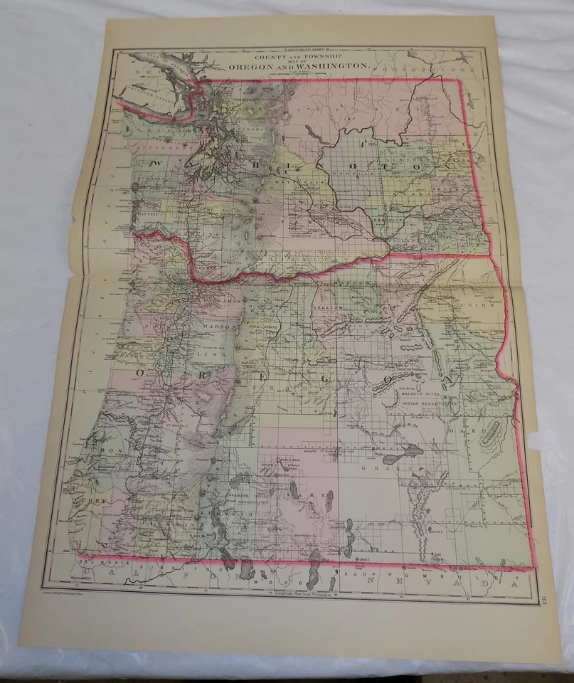 1887 Antique COLOR Map/COUNTY & TOWNSHIP/OREGON & WASHINGTON/Bradley/15x23 - Image 1 of 1