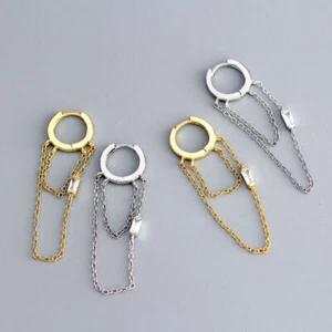 Women Sterling Silver Hoop Dangle Drop Chain Earrings with Baguette CZ F0952 - Picture 1 of 15