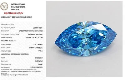 3.01 Marquise Lab Grown Diamond For Engagement Ring IGI Fancy Vivid Blue VVS2 - Image 1 of 4