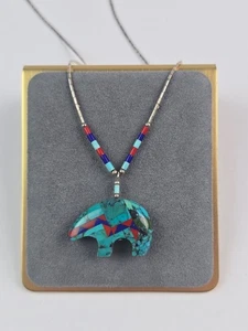 Native American Zuni Turquoise Coral Inlay Bear Pendant Necklace liquid silver - Picture 1 of 10