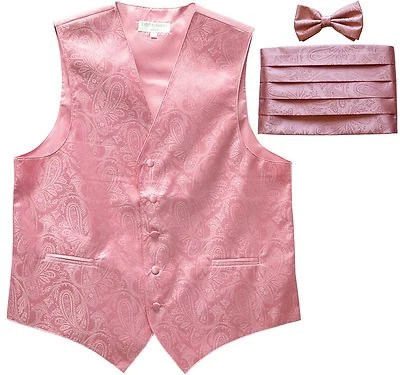 New Men's Paisley Tuxedo Vest Waistcoat & Cummerbund & Bow tie Wedding PINK - Image 1 of 4