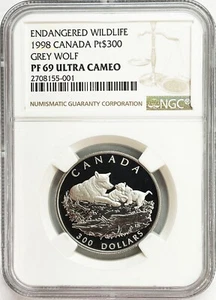 1998 PLATINUM CANADA 661 MINTED $300 GREY WOLF NGC PROOF 69 ULTRA CAMEO - Picture 1 of 2