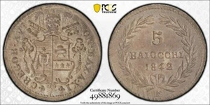 1842-B Papal States 5 Baiocchi PCGS MS63 Lot#G8245 Silver! Solo Top Graded! - Picture 1 of 4