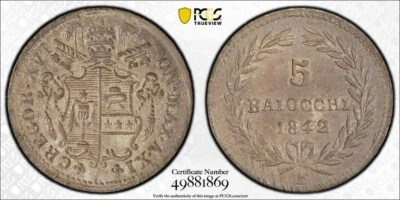 1842-B Papal States 5 Baiocchi PCGS MS63 Lot#A9877 Silver! Solo Top Graded! - Image 1 of 4