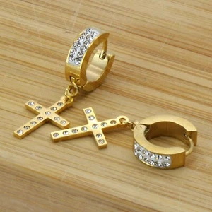 Mens Gold Stainless Steal 2Row Huggie Hoop Cubic Zirconia Cross Dangle Earrings - Picture 1 of 6