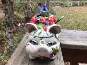 blue sky clayworks j mccall pig strawberry blueberry Sugar Bowl Jam Pot W/ Spoon - Picture 1 of 8