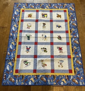 Handmade Quilted Baby Blanket Embroidered Animals Toys Dogs Train Truck 39 X 49” - Picture 1 of 16